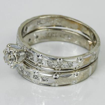 10k White Gold and Diamond Bridal Engagement Ring and Wedding Band Set - Image 2