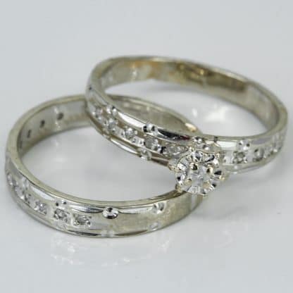 10k White Gold and Diamond Bridal Engagement Ring and Wedding Band Set