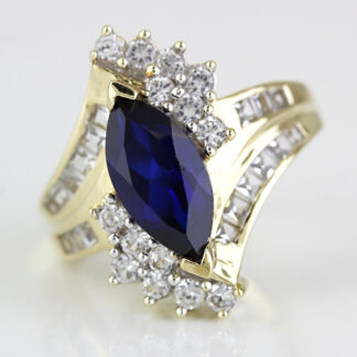 10k Yellow Gold Marquise Blue Gemstone Princes CZ Cubic Zirconia Cocktail Ring