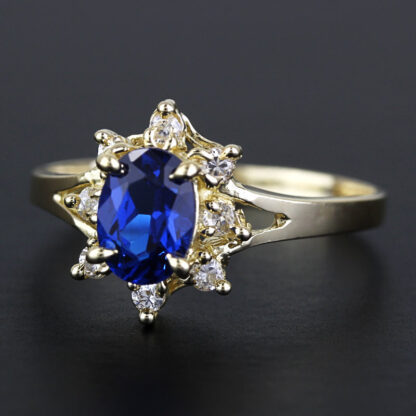 14k Yellow Gold Blue Gemstone & CZ Cubic Zirconia Halo Anniversary Cocktail Ring - Image 5