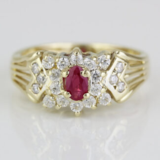 14k Yellow Gold Simulated Ruby Gemstone & CZ Cubic Zirconia Cocktail Band Ring