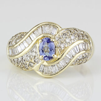 14k Yellow Gold Oval Tanzanite with Baguette & Round Diamond Cocktail Ring