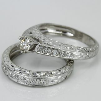 Platinum Diamond Filigree & Milgrain Engagement Ring Wedding Band Set