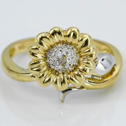 18k Two-Tone Yellow and White Gold CZ Cubic Zirconia Sunflower Ring