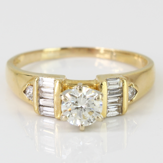 18k Gold Round and Baguette Diamond Engagement Ring