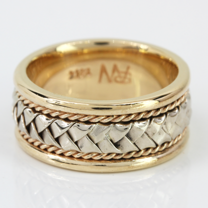 14k Tri-color Yellow, Rose, and White Gold Braided Rope Pattern Wedding Band Ring - Image 2