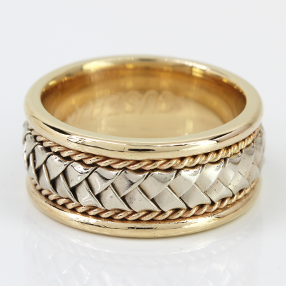 14k Tri-color Yellow, Rose, and White Gold Braided Rope Pattern Wedding Band Ring