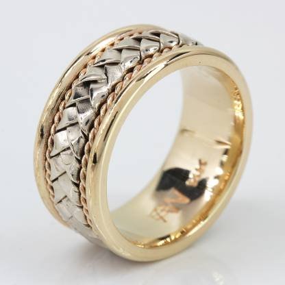 14k Tri-color Yellow, Rose, and White Gold Braided Rope Pattern Wedding Band Ring - Image 3