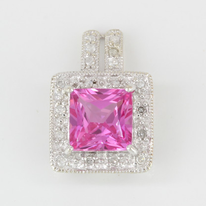 10k White Gold Pink Gem & Diamonds Milgrain Pendant Charm