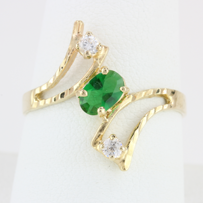 14K Yellow Gold Oval Simulated Emerald and CZ Cubic Zirconia Anniversary Ring