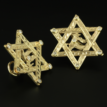 14k  Yellow Gold and Diamond Star of David Life Post Earrings