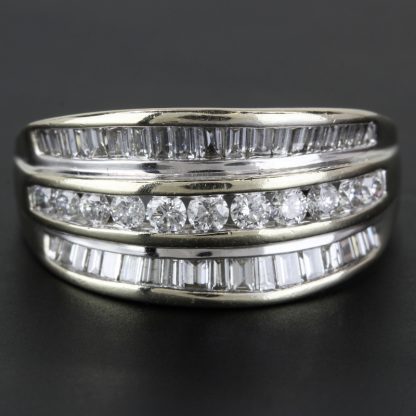 14k White Gold Baguette + Round Diamond Ring