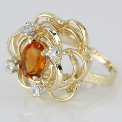 Vintage 14k Gold Flower Ring w/ Orange Gem & CZs - Image 3