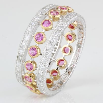 Platinum and 18K Rose Gold Pink Sapphire and Diamond Eternity Ring - Image 3