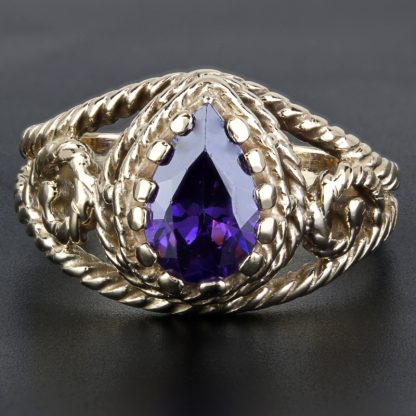 Vintage 14k Yellow Gold + Simulated Purple Amethyst Filigree Anniversary Ring