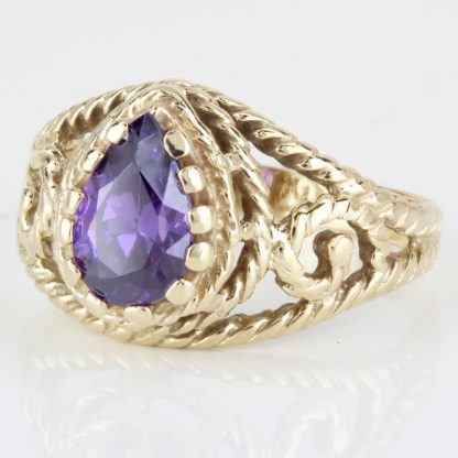 Vintage 14k Yellow Gold + Simulated Purple Amethyst Filigree Anniversary Ring - Image 4