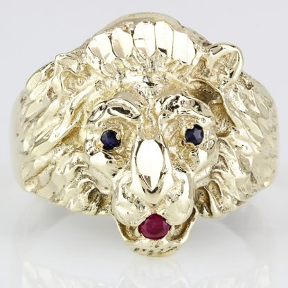 10k Yellow Gold Lion Head Sapphire and Ruby Ring - Image 2