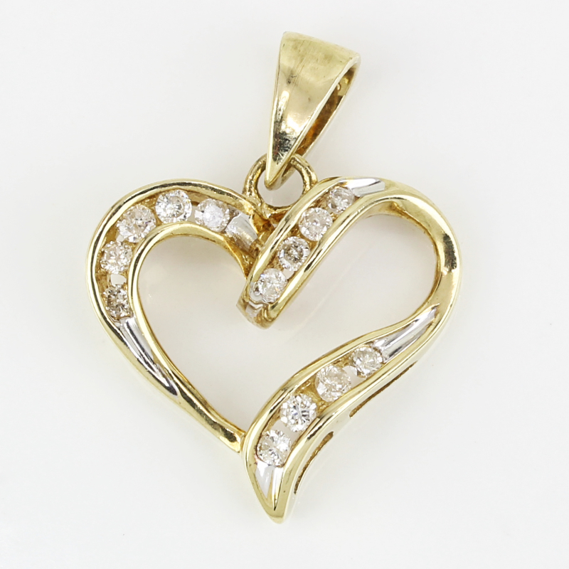 10K Gold Upside Down Heart With Small Diamond Flower Pendant Necklace