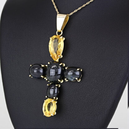 18k Yellow Gold Black Sapphire + Yellow Topaz Cross Pendant Charm - Image 2