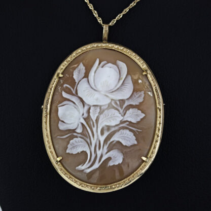 14k Yellow Gold Antique Victorian Hand-carved Shell Floral Cameo Brooch Pendant