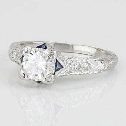 Vintage 1940's Platinum Diamond + Sapphire Wedding Engagement Ring - Image 2