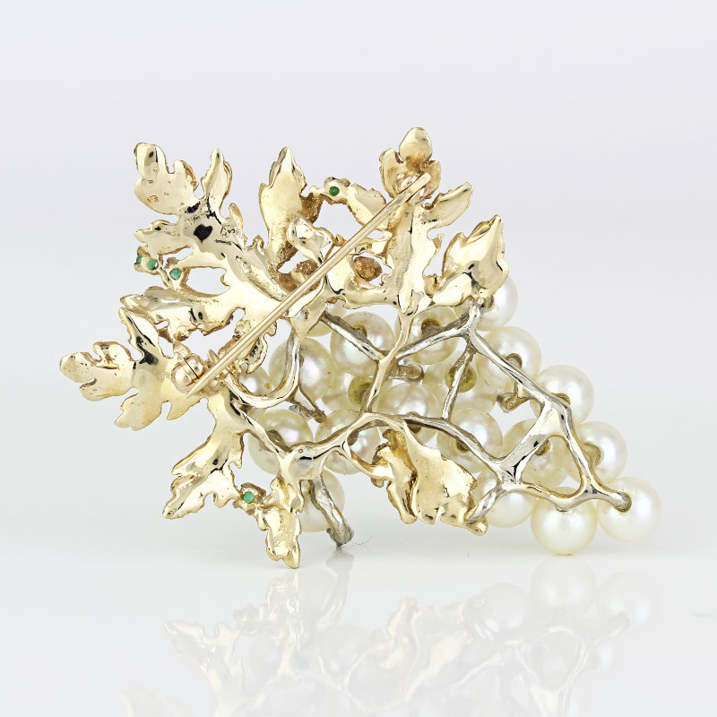 Vintage Retro 14k Yellow Gold Pearl + Diamond Grape Leaves Brooch Pin