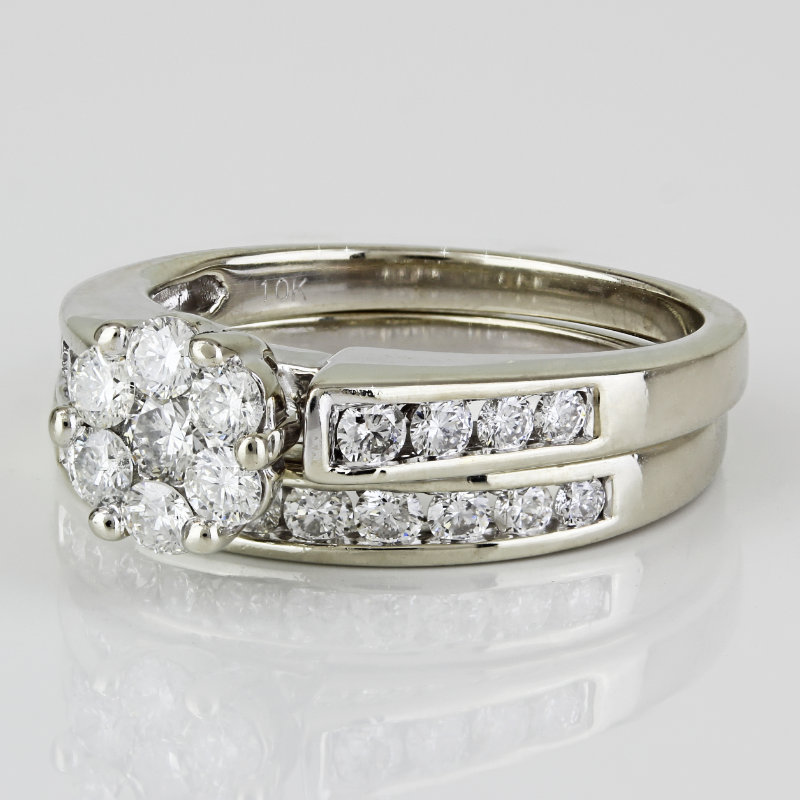10k White Gold Diamond Bridal Wedding Band / Engagement Ring Set
