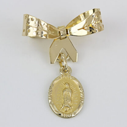 Vintage 14k Yellow Gold Bow Virgin Mary Dangle Pin Brooch - Image 2