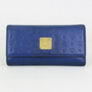 MCM Blue Monogram Embossed Leather Trifold Long Wallet