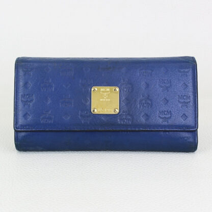 MCM Blue Monogram Embossed Leather Trifold Long Wallet