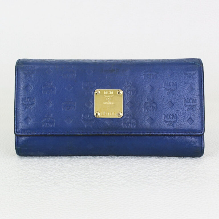 MCM Monogram Embossed Blue Leather Trifold Long Wallet A&V Pawn