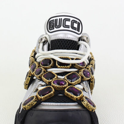 Gucci x SEGA Flashtrek Metallic Calfskin Mesh Women's Sneakers 37 Silver 