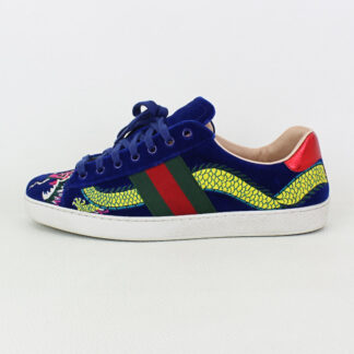 Gucci Web Blue Velvet Dragon Embroidered Ace Low Sneakers