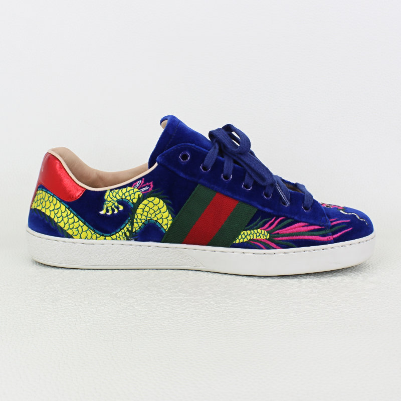 Gucci Web Blue Velvet Dragon Embroidered Ace Low Sneakers