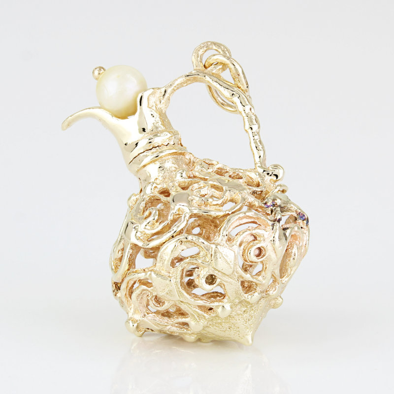 14k Yellow Gold Filigree Genie Bottle / Wine Decanter + Seed Pearl Pendant  - A&V Pawn
