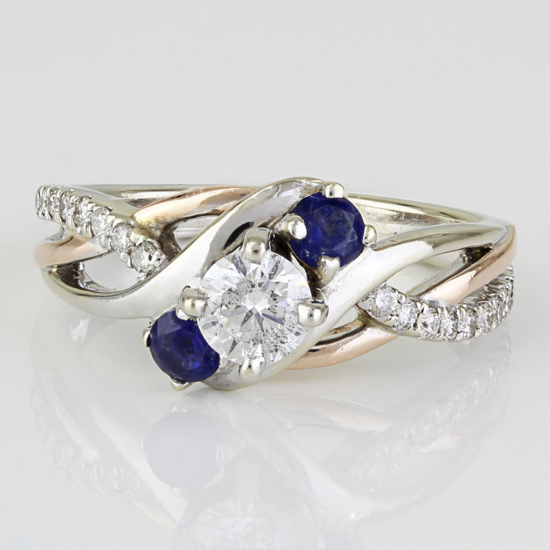 14k Yellow + White Gold Diamond & Blue Spinel Wedding / Engagement Ring ...