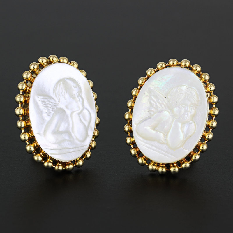 14k Yellow Gold Mother of Pearl Cherub Earrings + Pendant Set