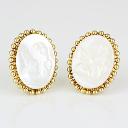 14k Yellow Gold Mother of Pearl Cherub Earrings + Pendant Set