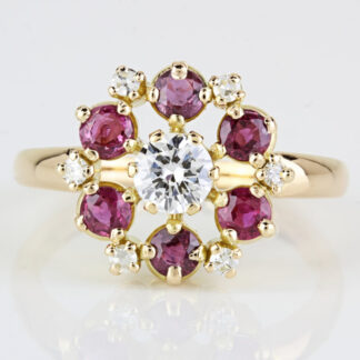 18k Yellow Gold Diamond + Red Spinel Flower Cocktail / Anniversary Ring