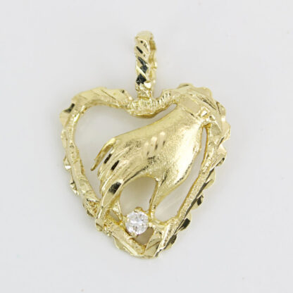 14k Yellow Gold Diamond Heart & Hand Holding Jewel Pendant Charm - Image 5