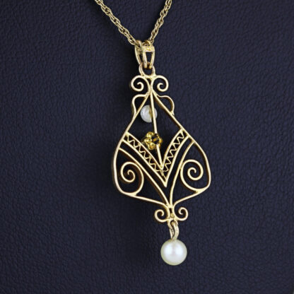 Vintage Art Deco 14k Yellow Gold Diamond + Pearl Pendant Necklace (1930s) - Image 4