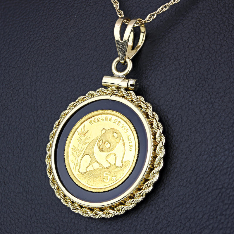 22k 14k Yellow Gold Chinese Panda Coin Onyx Rope Bezel Pendant