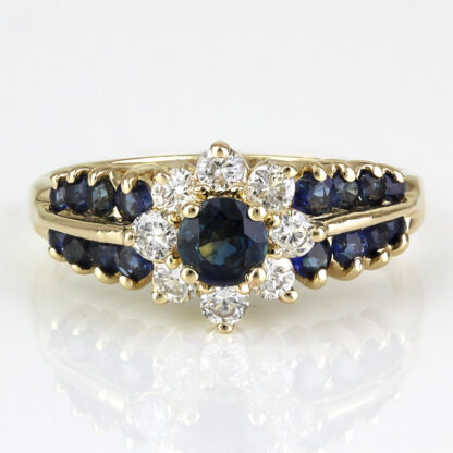 14k Yellow Gold Blue Spinel + Diamond Halo Engagement / Anniversary Ring