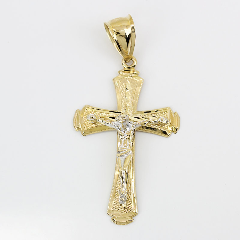 14k Yellow + White Gold Religious Jesus Cross Crucifix Pendant