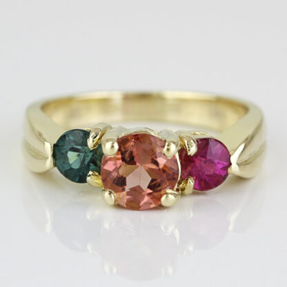 14k Yellow Gold 3-stone Orange Green & Red Tourmaline Anniversary Ring Band - Image 2