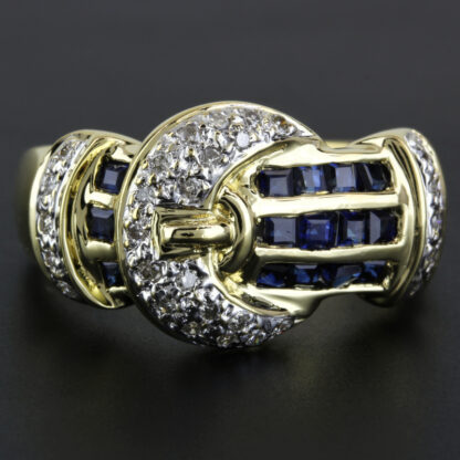 18k Yellow Gold Blue Sapphire and Diamond Anniversary / Cocktail Buckle Ring