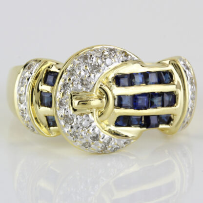 18k Yellow Gold Blue Sapphire and Diamond Anniversary / Cocktail Buckle Ring - Image 2