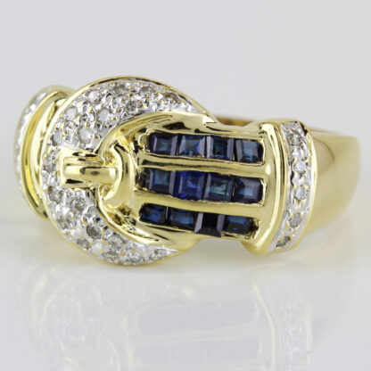 18k Yellow Gold Blue Sapphire and Diamond Anniversary / Cocktail Buckle Ring - Image 3