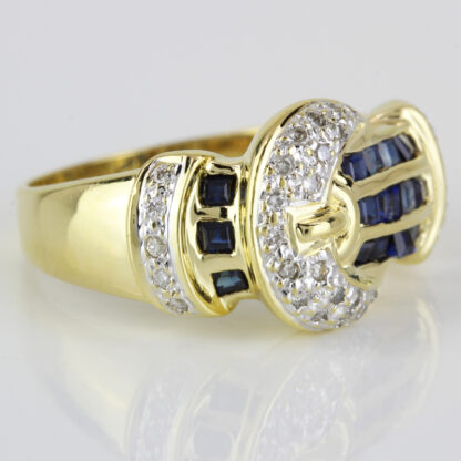 18k Yellow Gold Blue Sapphire and Diamond Anniversary / Cocktail Buckle Ring - Image 4