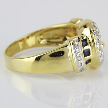 18k Yellow Gold Blue Sapphire and Diamond Anniversary / Cocktail Buckle Ring - Image 5